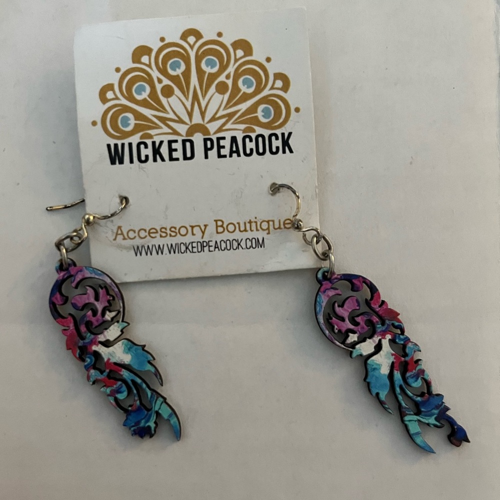 Wicked Peacock painted wooden earrings